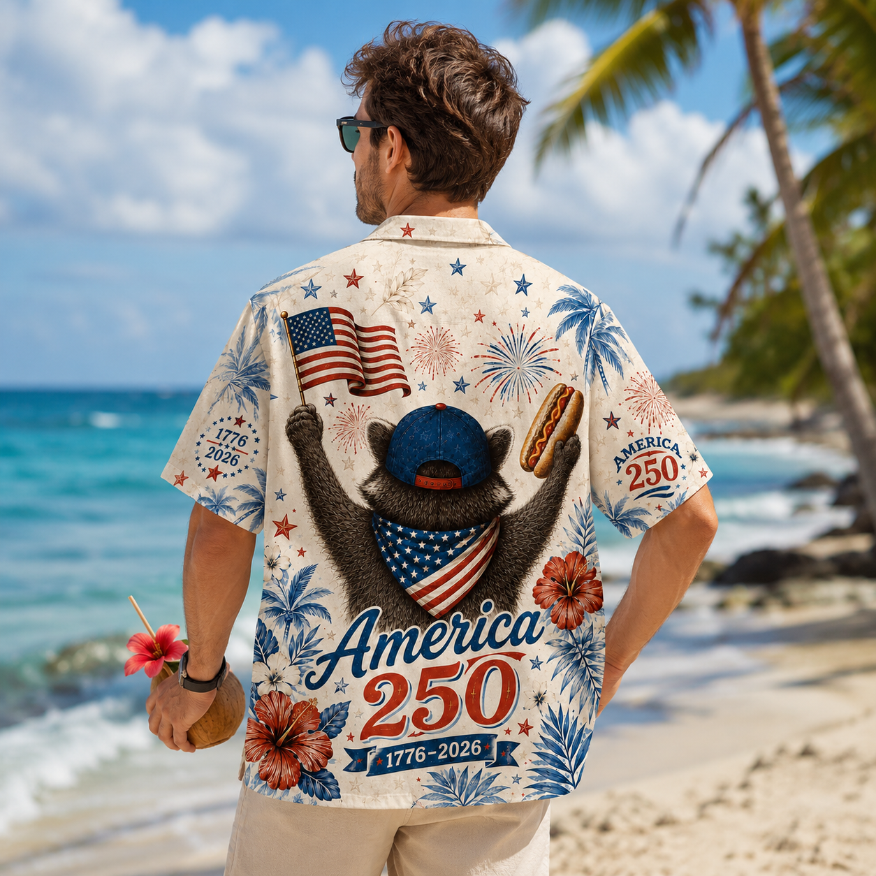 America 250 Patriotic Raccoon Hawaiian Shirt,  1776–2026 Anniversary Edition