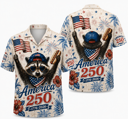 America 250 Patriotic Raccoon Hawaiian Shirt,  1776–2026 Anniversary Edition
