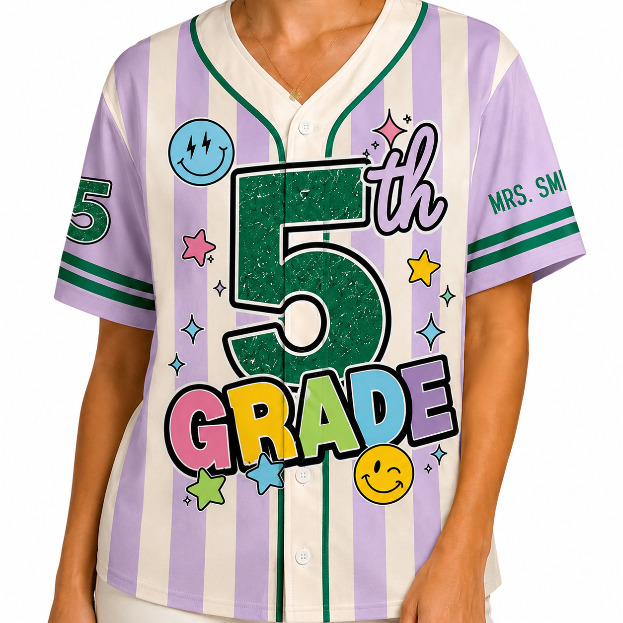 Personalized Grade And Name Preppy Stripes Satr Smile Teacher Baseball Jersey