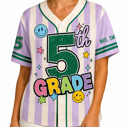 Personalized Grade And Name Preppy Stripes Satr Smile Teacher Baseball Jersey