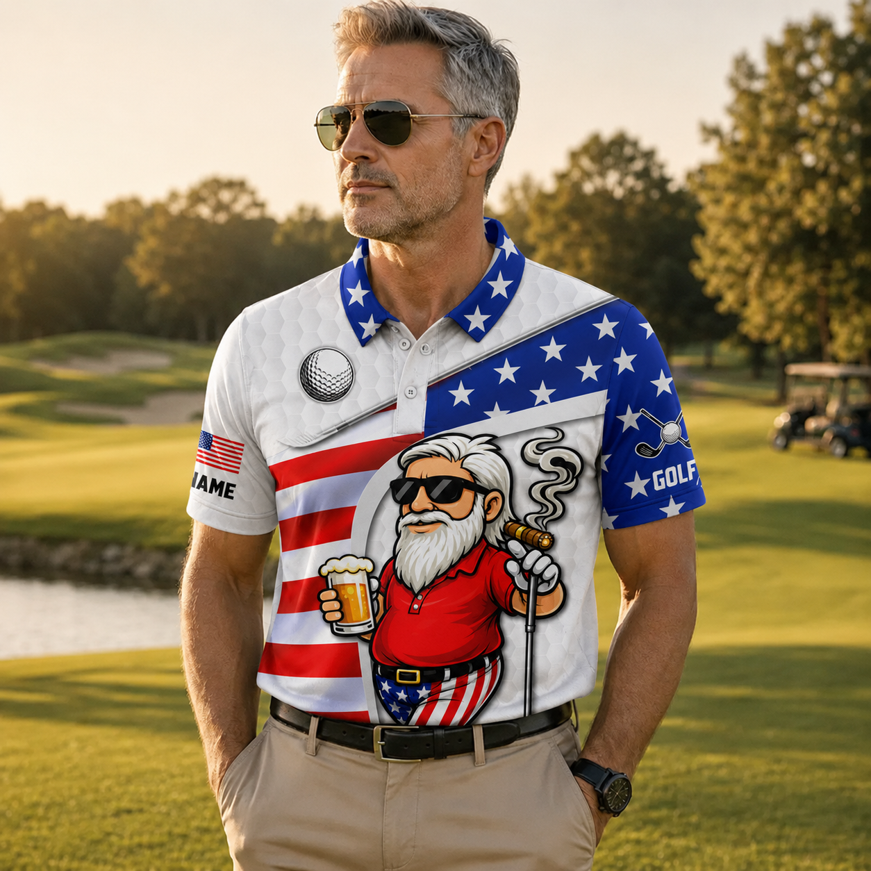 Golf And Beer Patriotic Man Golf Ball Pattern 4th Of July White Golf Shirt
