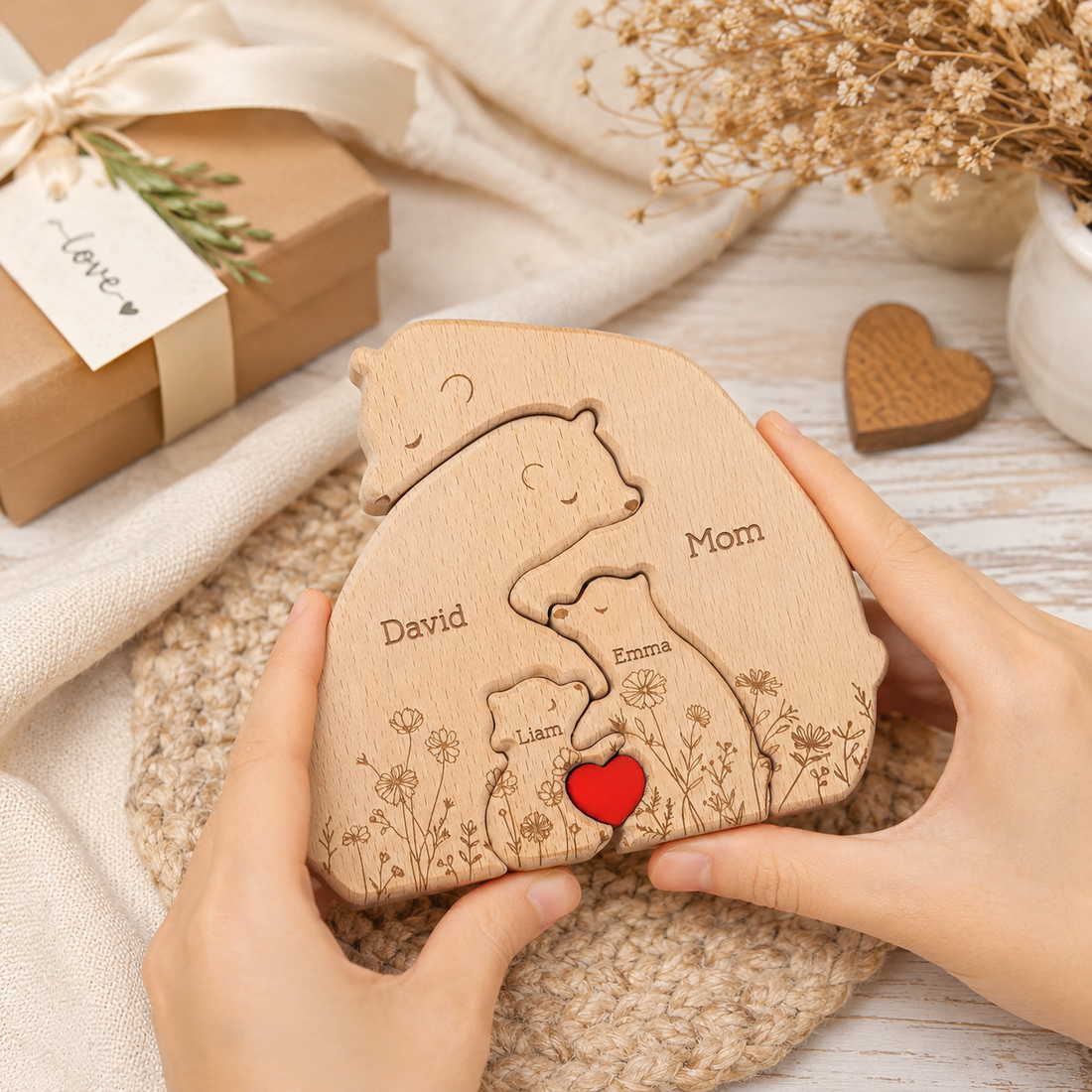 Hugging Bear Family Floral Version - Personalized Wooden Bear Family Puzzle - Gift For Dad