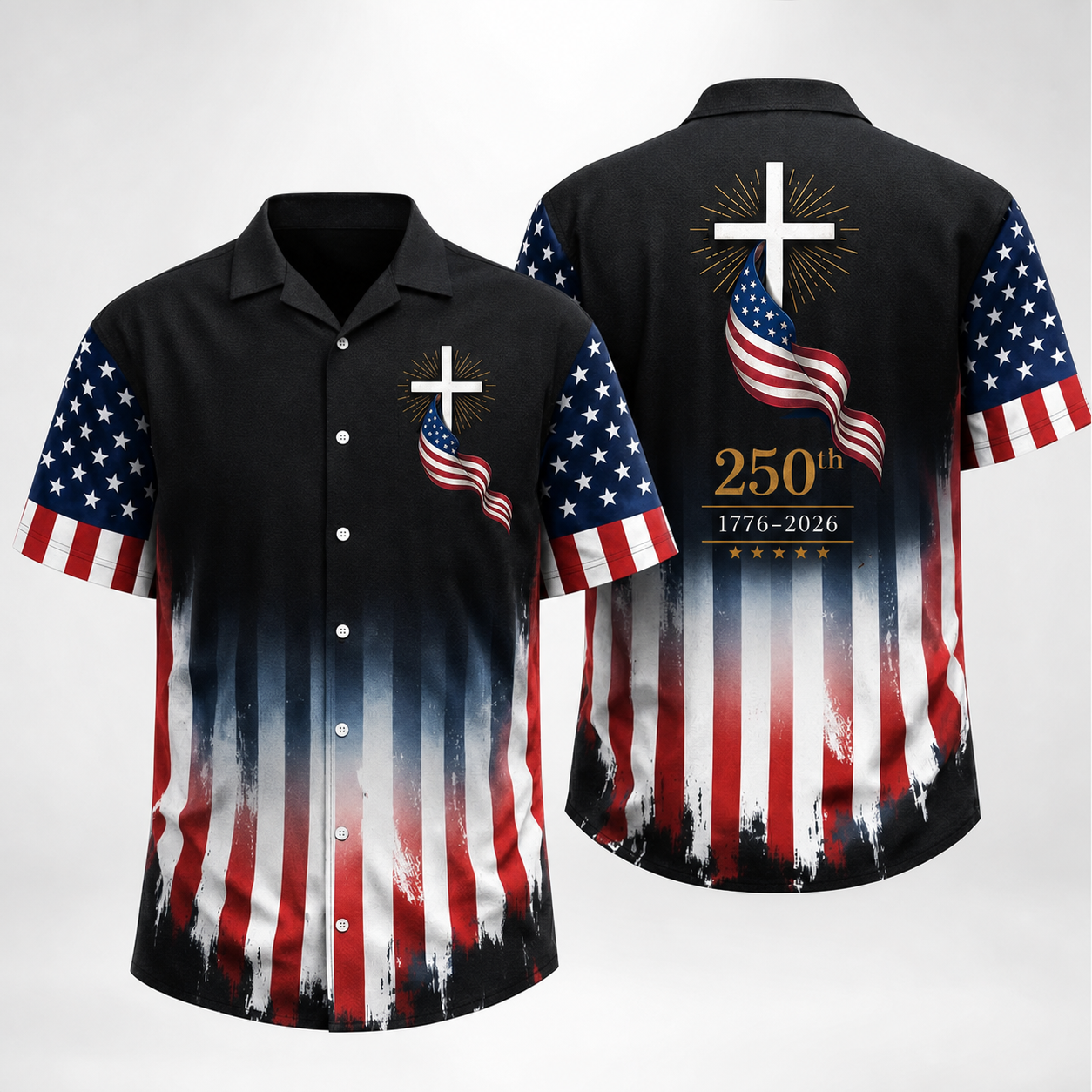 America 250th Anniversary Hawaiian  Shirt, Patriotic Flag Cross Hawaiian Shirt