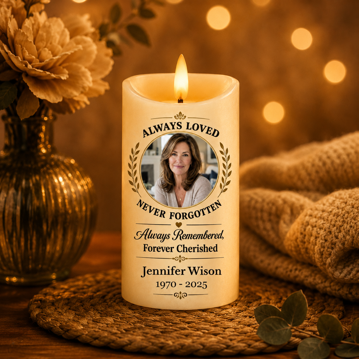 Custom Photo Memorial Always Loved Never Forgotten - Personalized Flameless LED Candle