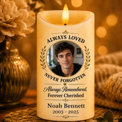 Custom Photo Memorial Always Loved Never Forgotten - Personalized Flameless LED Candle