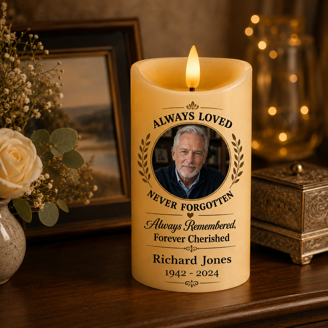 Custom Photo Memorial Always Loved Never Forgotten - Personalized Flameless LED Candle