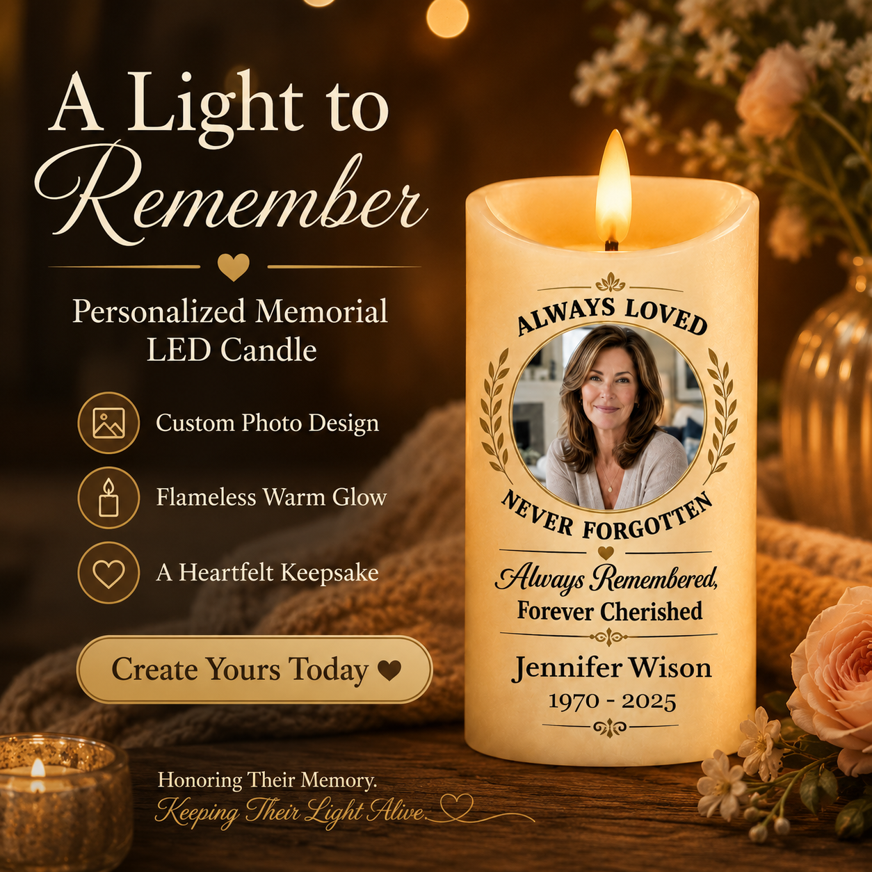 Custom Photo Memorial Always Loved Never Forgotten - Personalized Flameless LED Candle