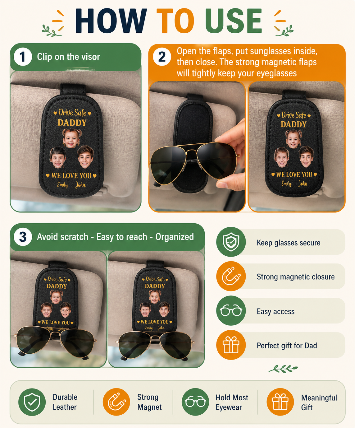 Custom Photo Drive Safe Daddy I Love You - Personalized Sunglasses Holder For Car Visor, Father's Day Gift