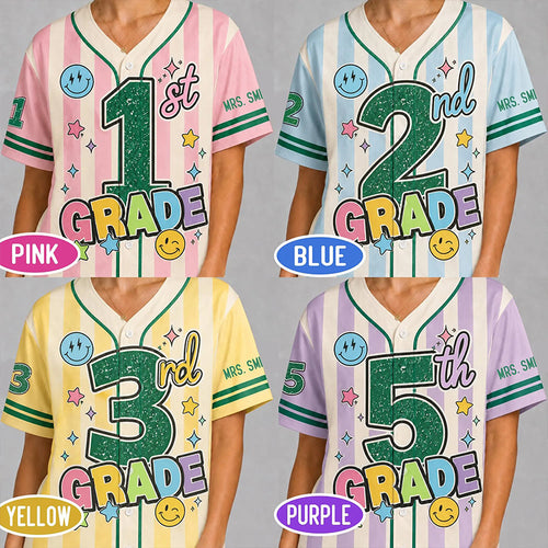 Personalized Grade And Name Preppy Stripes Satr Smile Teacher Baseball Jersey