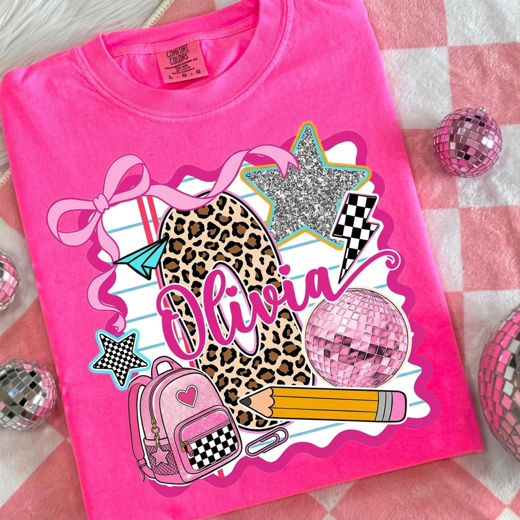 Personalized Olivia Back to School Shirt – Pink Coquette Leopard Pencil Graphic T-Shirt for Kid
