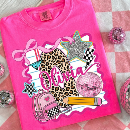 Personalized Olivia Back to School Shirt – Pink Coquette Leopard Pencil Graphic T-Shirt for Kid