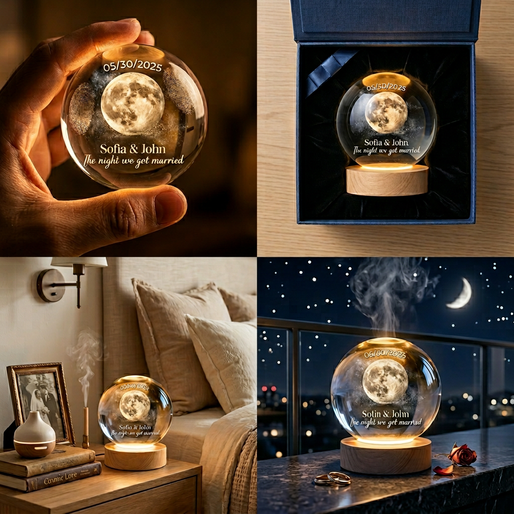 Personalized Moon Phase Crystal Ball Night Light, Anniversary Gift For Couple