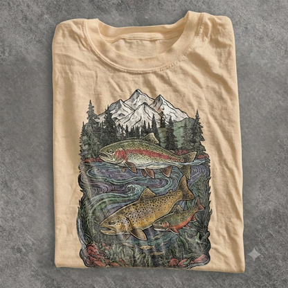 Retro Trout Fishing Mountain River Graphic Tee