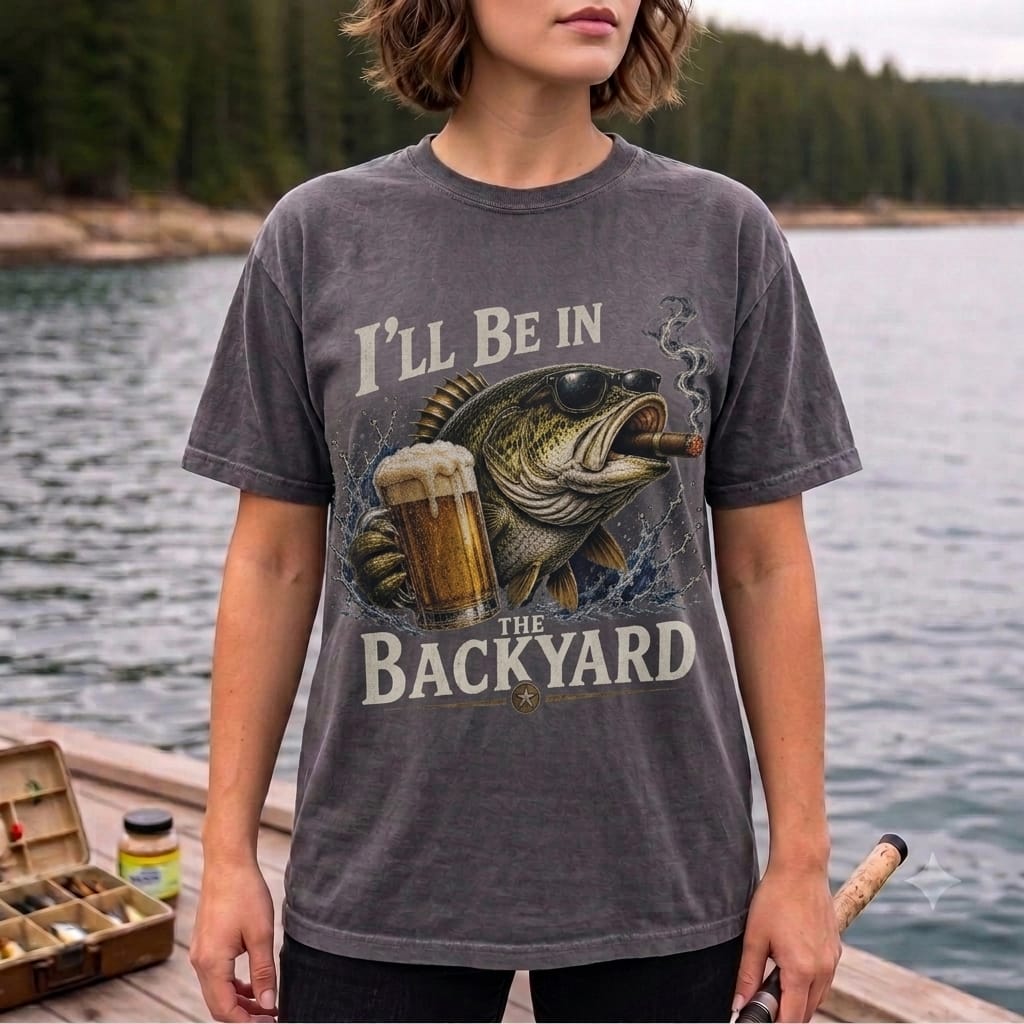 I'll Be In The Backyard Funny Fishing T Shirt | Beer & Bass Graphic Tee