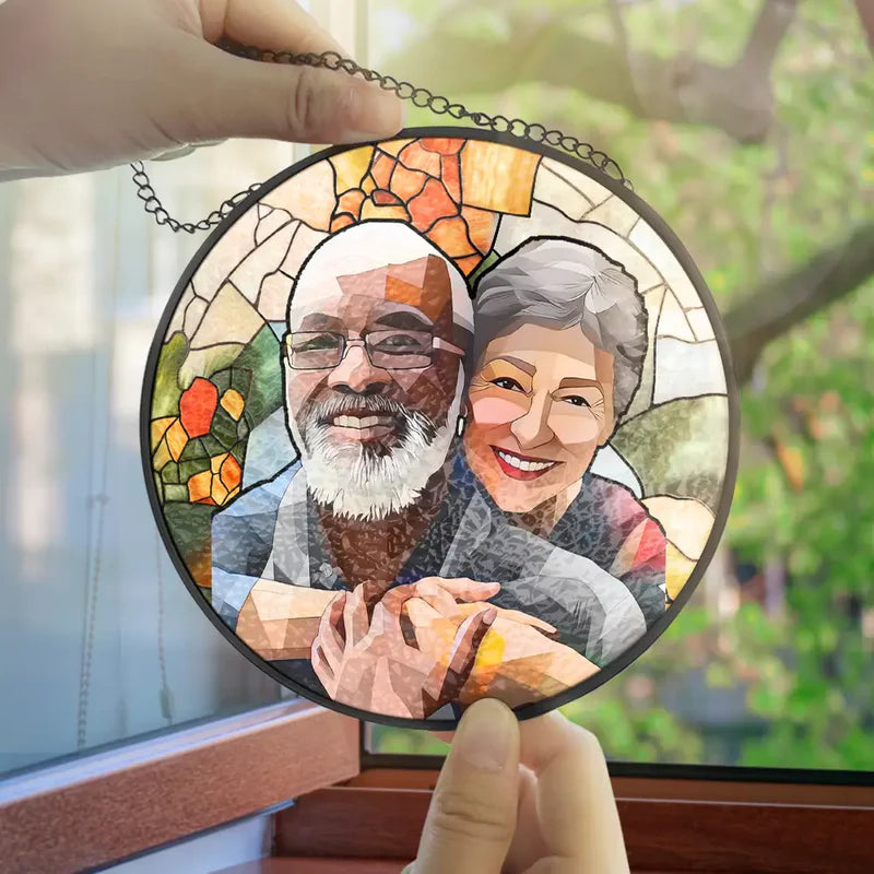 Personalized Stained Glass Photo Suncatcher – Custom Grandma & Granddaughter Window Hanging Gift