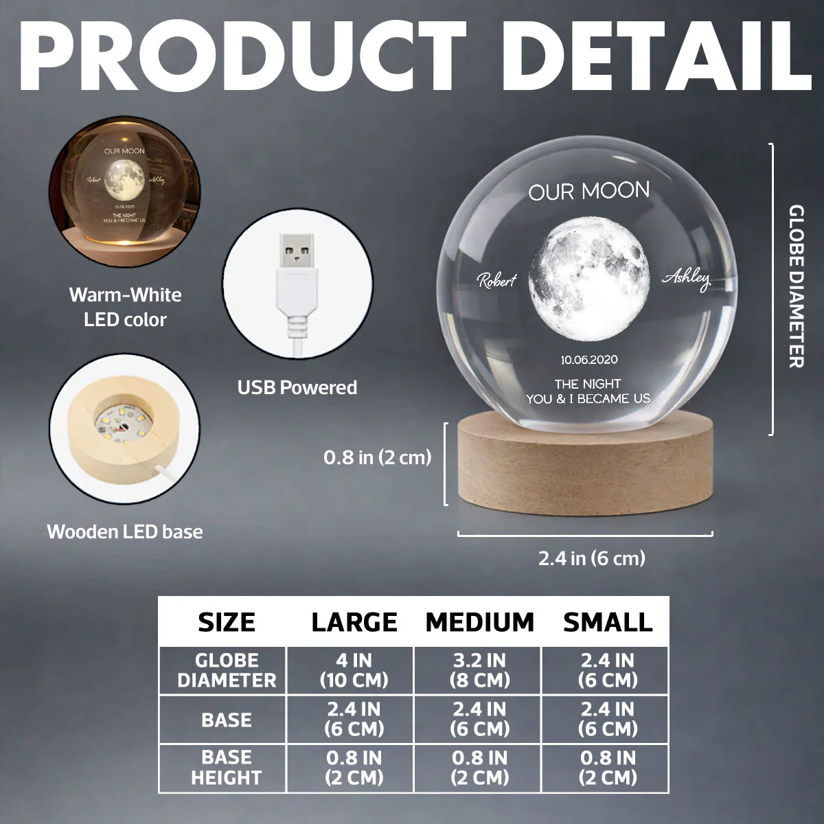 Personalized Moon Phase Crystal Ball Night Light, Anniversary Gift For Couple