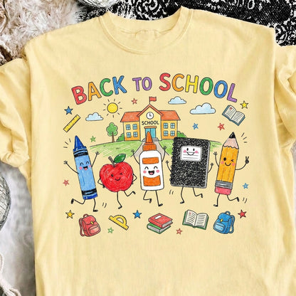 Cute Back to School Shirt, Kawaii School Supplies Graphic Tee, First Day of School Shirt for Teachers & Students