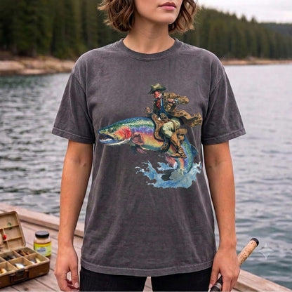 Cowboy Riding Rainbow Trout Fishing T-Shirt