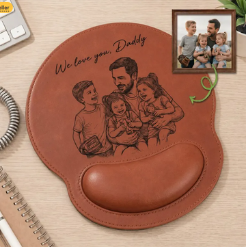 Personalized Custom Photo Engraved Leather Mouse Pad with Wrist Rest,Custom Dad Photo Sketch Line Art Pad Mouse, Family Desk Accessory, Father's Day Gift For Daddy