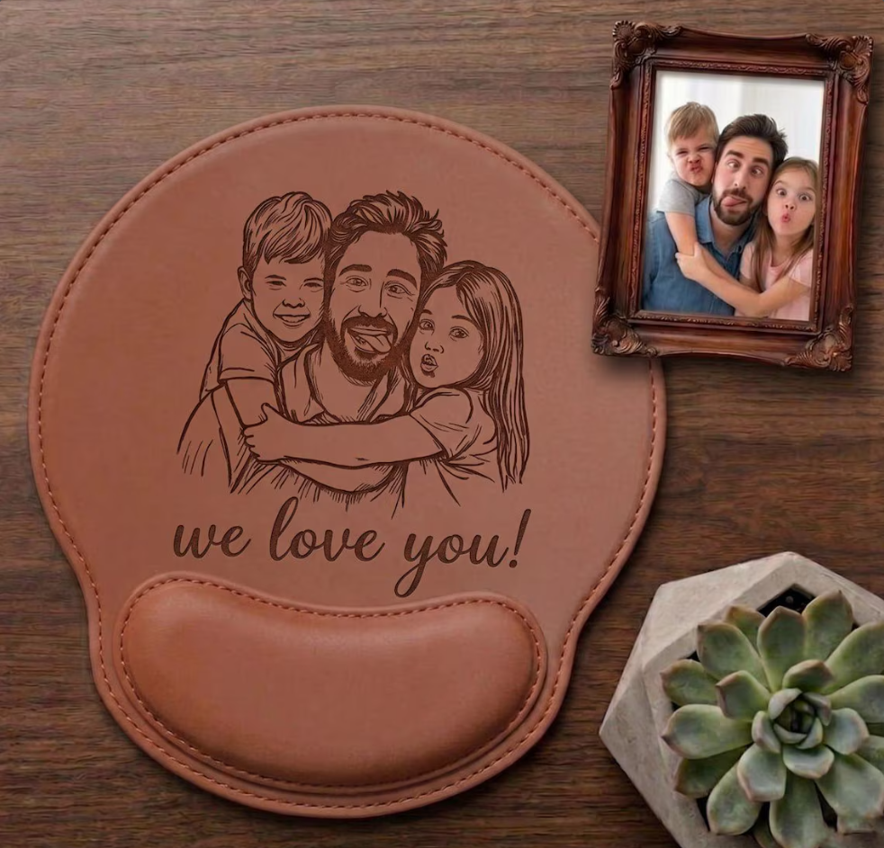 Personalized Custom Photo Engraved Leather Mouse Pad with Wrist Rest,Custom Dad Photo Sketch Line Art Pad Mouse, Family Desk Accessory, Father's Day Gift For Daddy