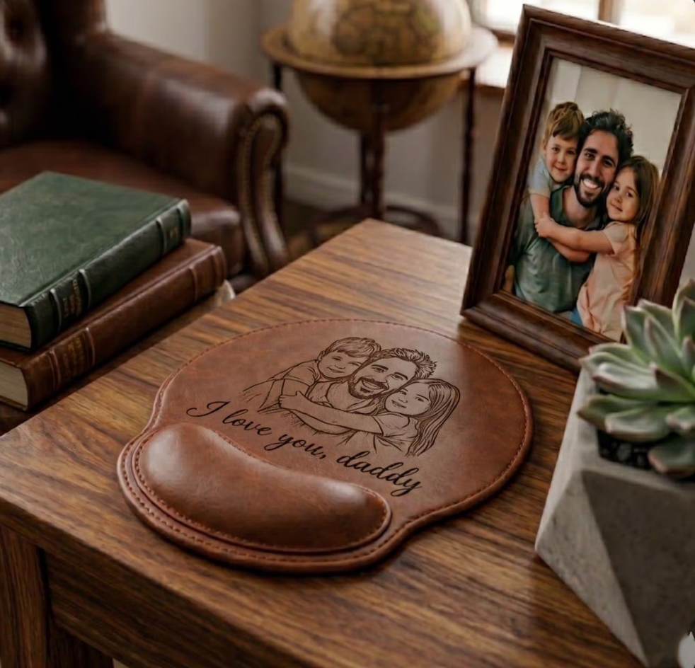 Personalized Custom Photo Engraved Leather Mouse Pad with Wrist Rest,Custom Dad Photo Sketch Line Art Pad Mouse, Family Desk Accessory, Father's Day Gift For Daddy
