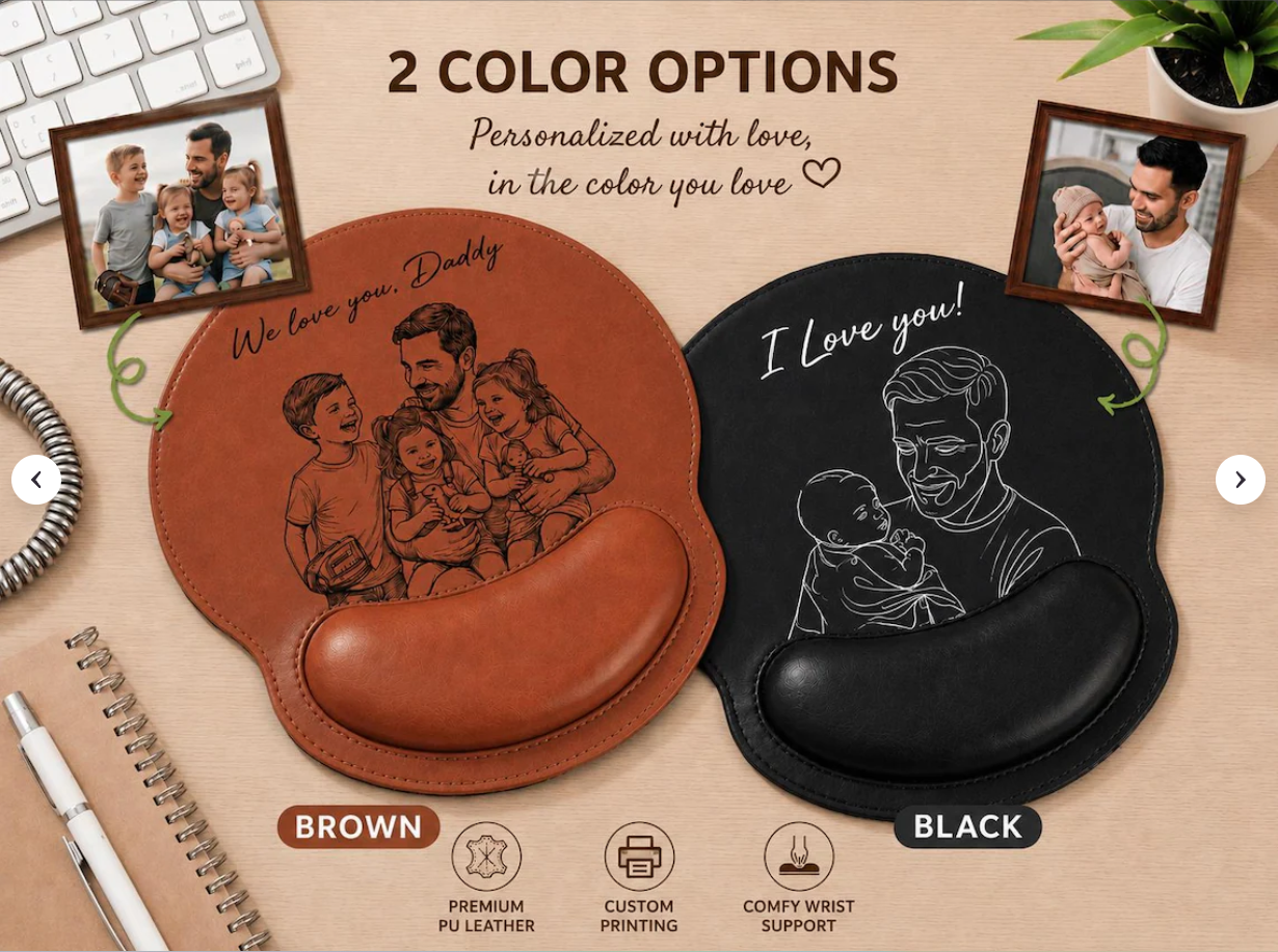 Personalized Custom Photo Engraved Leather Mouse Pad with Wrist Rest,Custom Dad Photo Sketch Line Art Pad Mouse, Family Desk Accessory, Father's Day Gift For Daddy