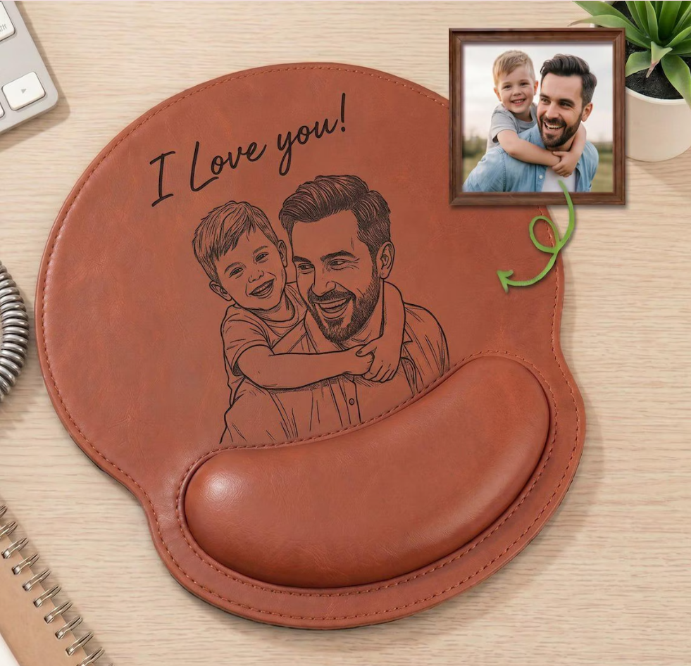 Personalized Custom Photo Engraved Leather Mouse Pad with Wrist Rest,Custom Dad Photo Sketch Line Art Pad Mouse, Family Desk Accessory, Father's Day Gift For Daddy
