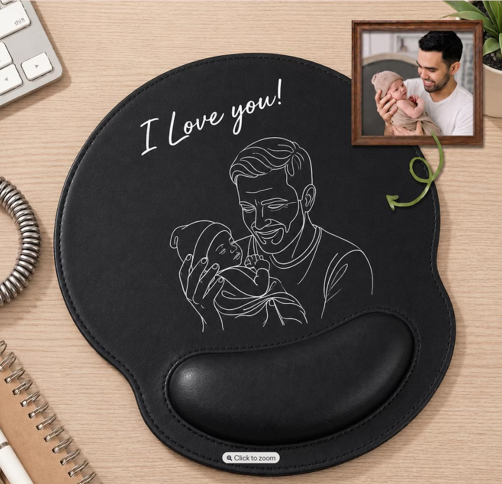 Personalized Custom Photo Engraved Leather Mouse Pad with Wrist Rest,Custom Dad Photo Sketch Line Art Pad Mouse, Family Desk Accessory, Father's Day Gift For Daddy