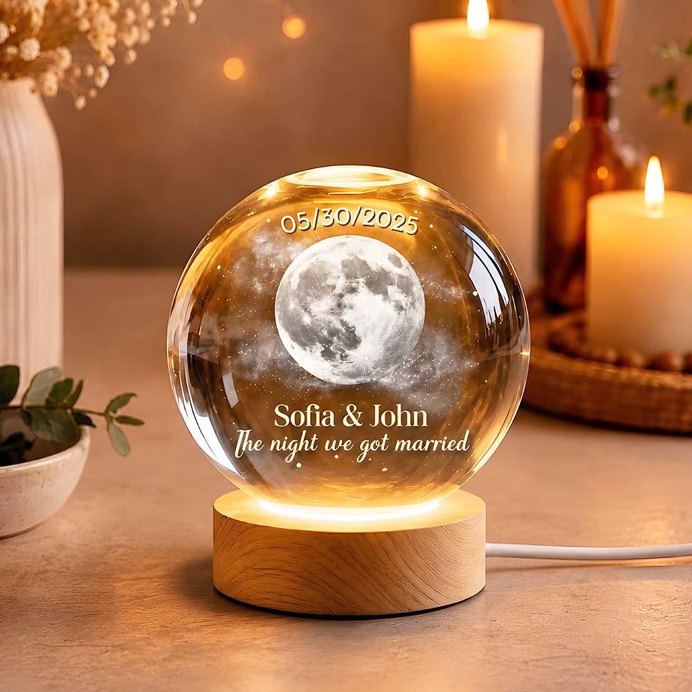 Personalized Moon Phase Crystal Ball Night Light, Anniversary Gift For Couple