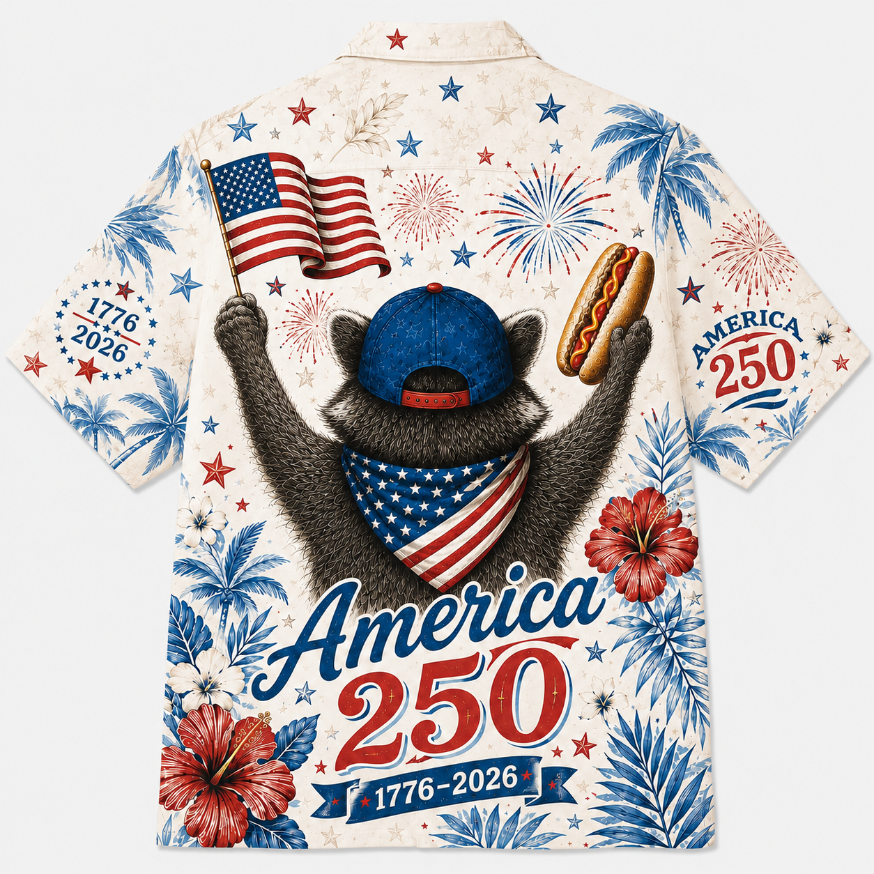 America 250 Patriotic Raccoon Hawaiian Shirt,  1776–2026 Anniversary Edition