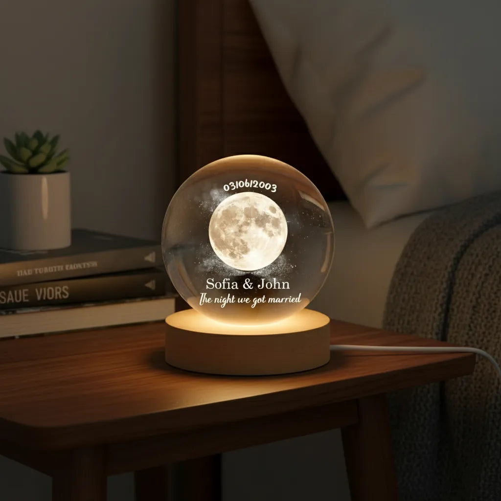 Personalized Moon Phase Crystal Ball Night Light, Anniversary Gift For Couple