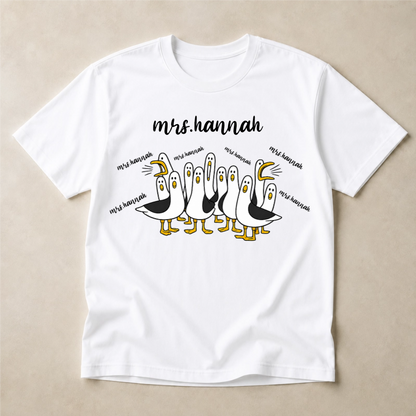 Personalized Teacher Shirt, Custom Mrs Name Tee, Funny Seagull Classroom Graphic, Back to School Gift for Women Educators and Teachers