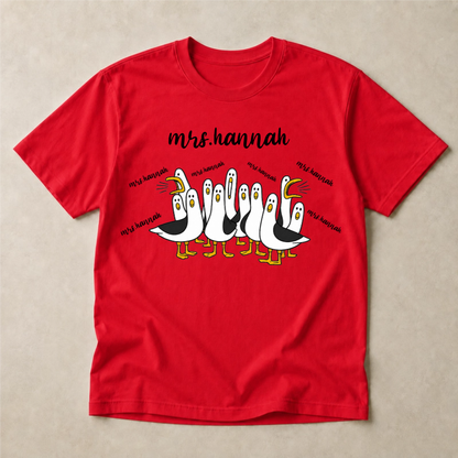Personalized Teacher Shirt, Custom Mrs Name Tee, Funny Seagull Classroom Graphic, Back to School Gift for Women Educators and Teachers