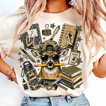 Funny Deer Back to School Shirt, Camo Deer Graphic Tee, First Day of School Shirt, Teacher & Student Gift, Cute School Outfit