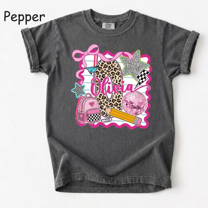 Personalized Olivia Back to School Shirt – Pink Coquette Leopard Pencil Graphic T-Shirt for Kid