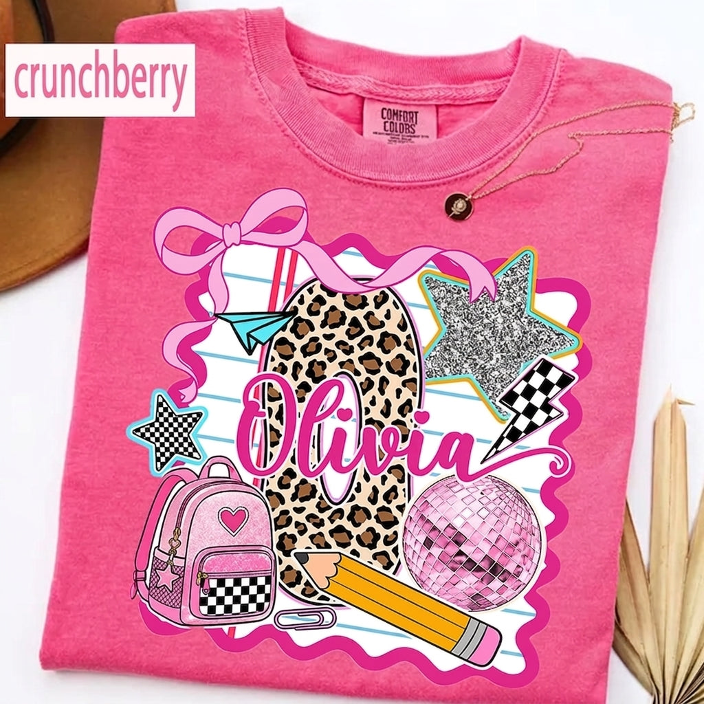 Personalized Olivia Back to School Shirt – Pink Coquette Leopard Pencil Graphic T-Shirt for Kid