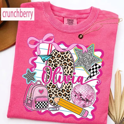 Personalized Olivia Back to School Shirt – Pink Coquette Leopard Pencil Graphic T-Shirt for Kid