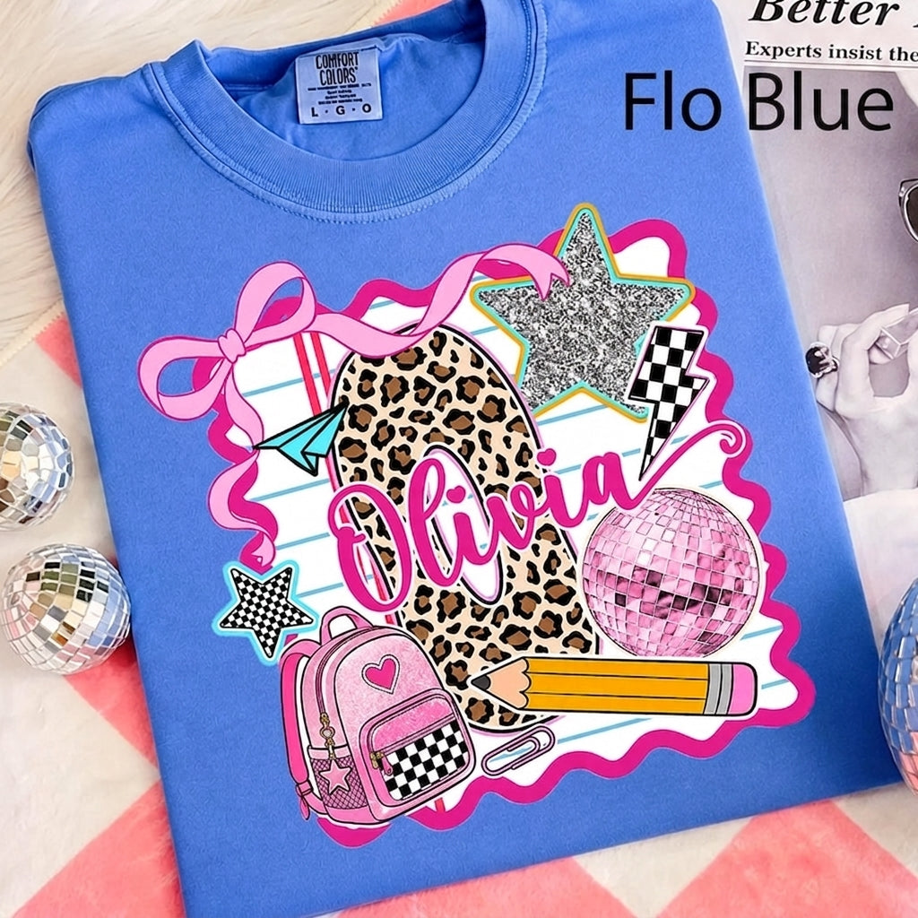 Personalized Olivia Back to School Shirt – Pink Coquette Leopard Pencil Graphic T-Shirt for Kid