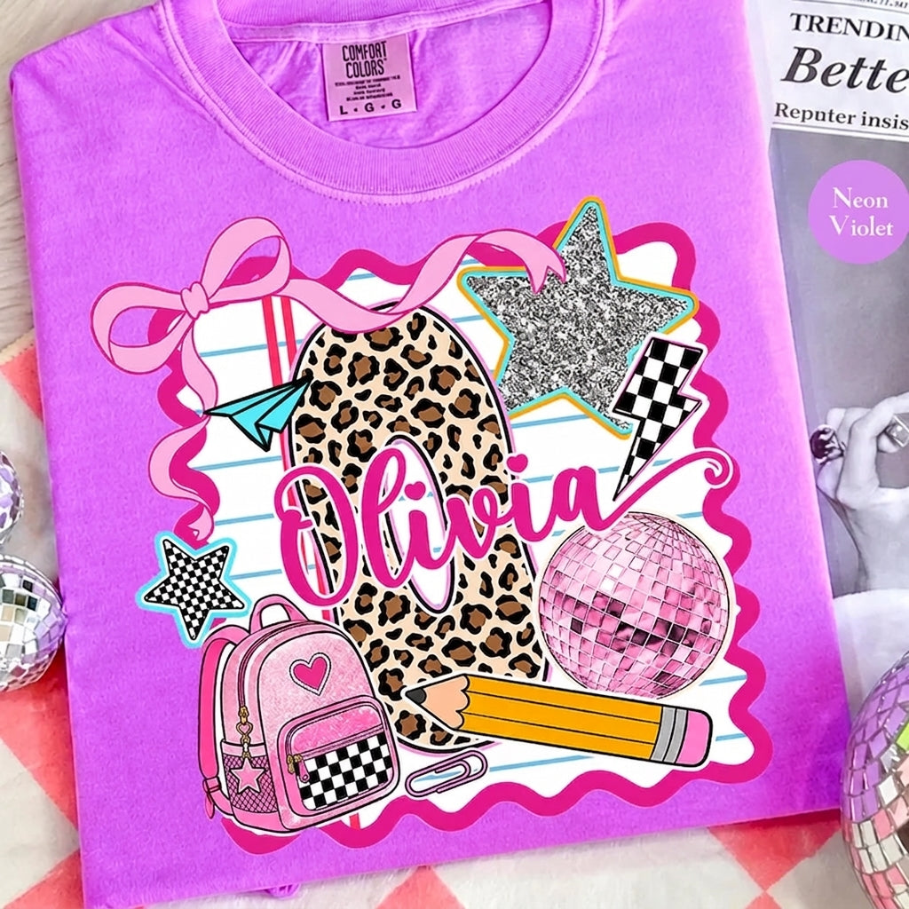 Personalized Olivia Back to School Shirt – Pink Coquette Leopard Pencil Graphic T-Shirt for Kid