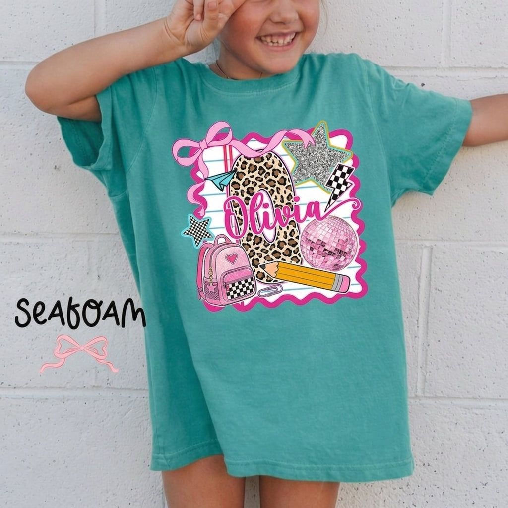 Personalized Olivia Back to School Shirt – Pink Coquette Leopard Pencil Graphic T-Shirt for Kid