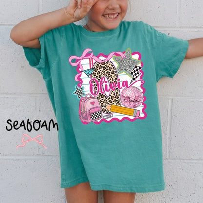 Personalized Olivia Back to School Shirt – Pink Coquette Leopard Pencil Graphic T-Shirt for Kid