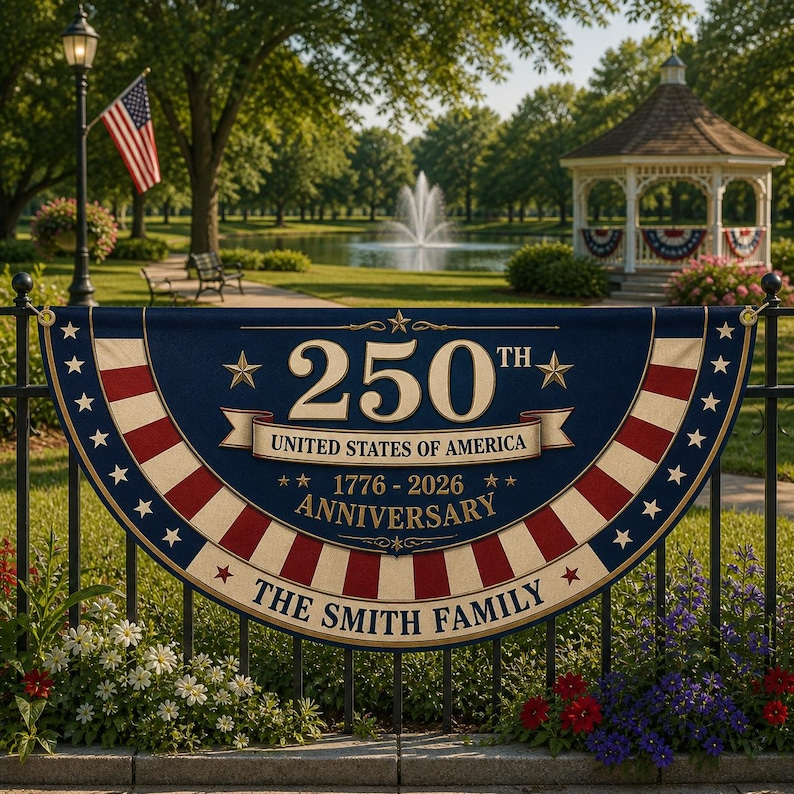 Personalized 250th Anniversary Bunting Flag, Custom 4th of July Family Name Patriotic Banner