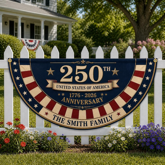 Personalized 250th Anniversary Bunting Flag, Custom 4th of July Family Name Patriotic Banner