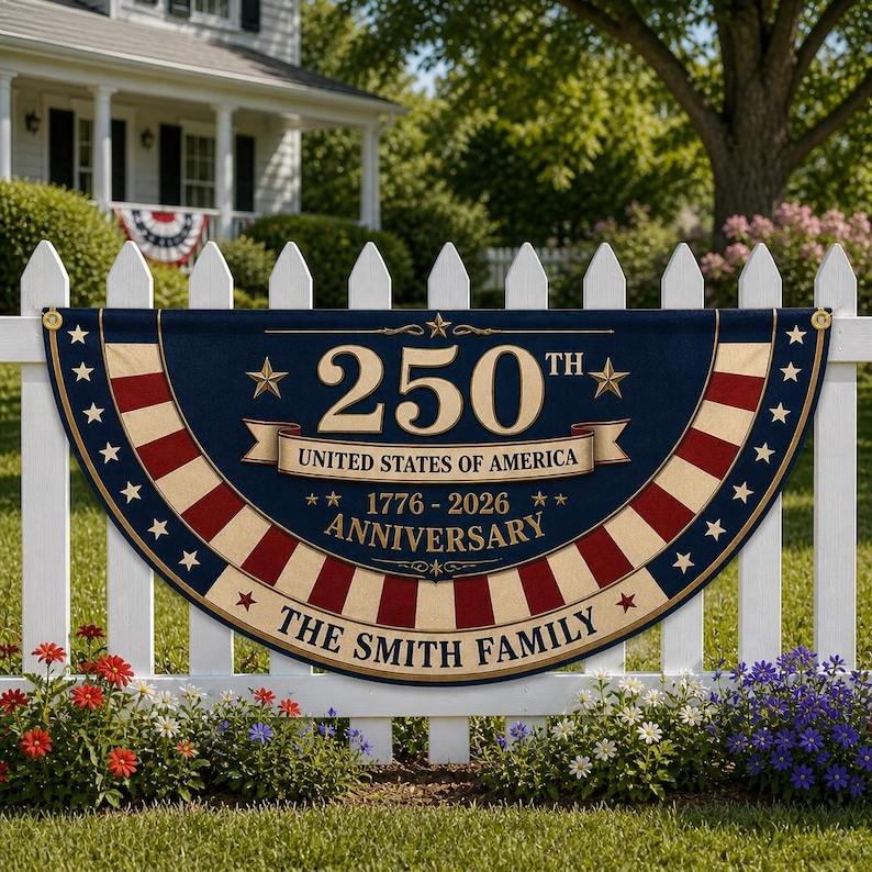 Personalized 250th Anniversary Bunting Flag, Custom 4th of July Family Name Patriotic Banner