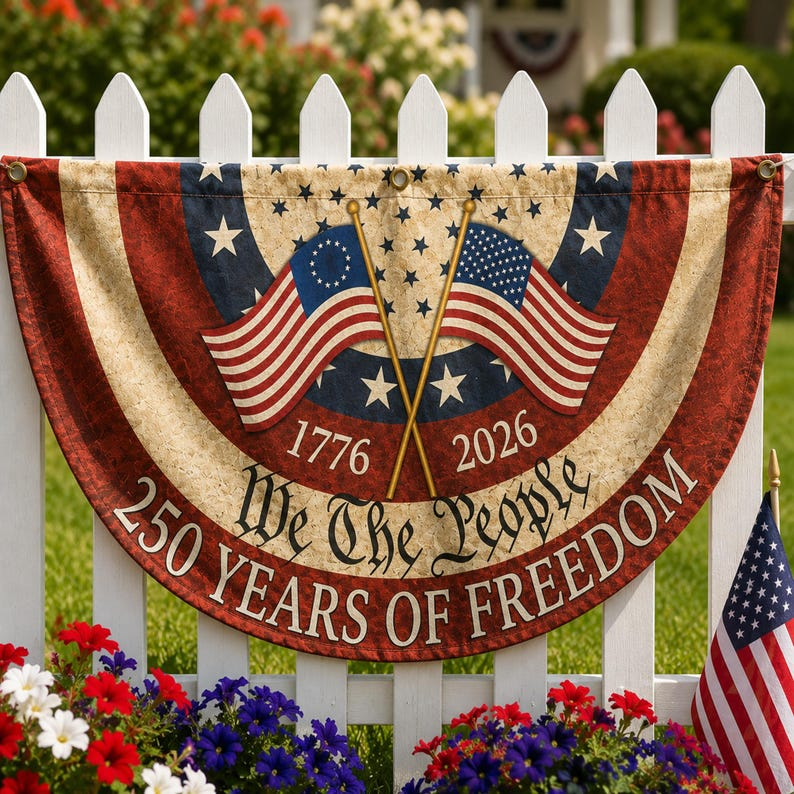 Personalized 250th Anniversary Bunting Flag, Custom 4th of July Family Name Patriotic Banner