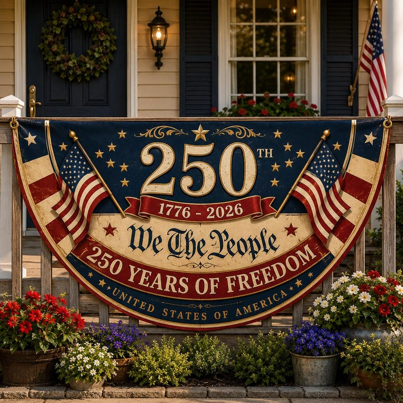 Personalized 250th Anniversary Bunting Flag, Custom 4th of July Family Name Patriotic Banner
