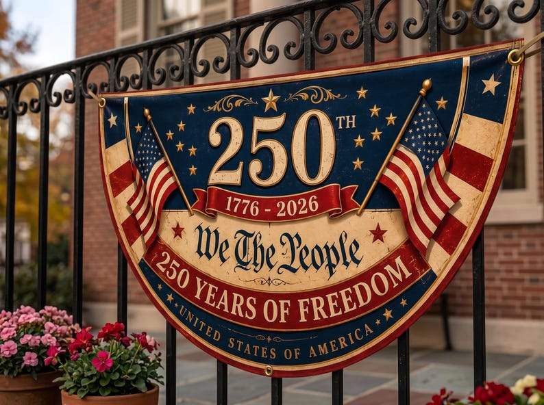 Personalized 250th Anniversary Bunting Flag, Custom 4th of July Family Name Patriotic Banner