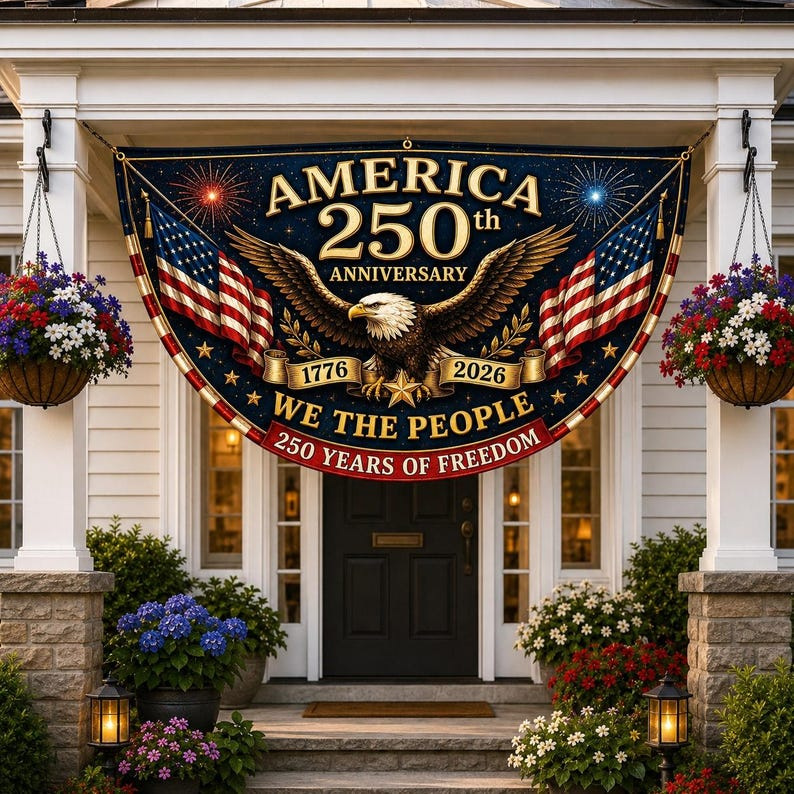 Personalized 250th Anniversary Bunting Flag, Custom 4th of July Family Name Patriotic Banner