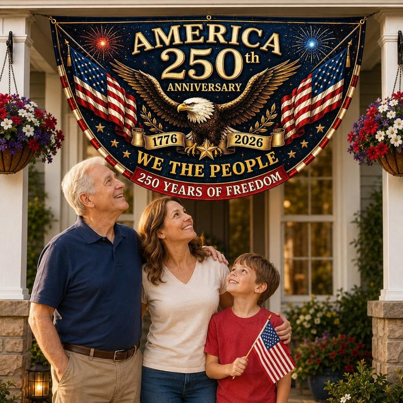 Personalized 250th Anniversary Bunting Flag, Custom 4th of July Family Name Patriotic Banner