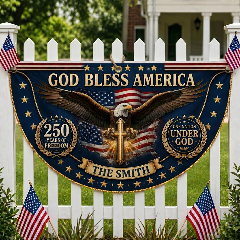 Personalized 250th Anniversary Bunting Flag, Custom 4th of July Family Name Patriotic Banner